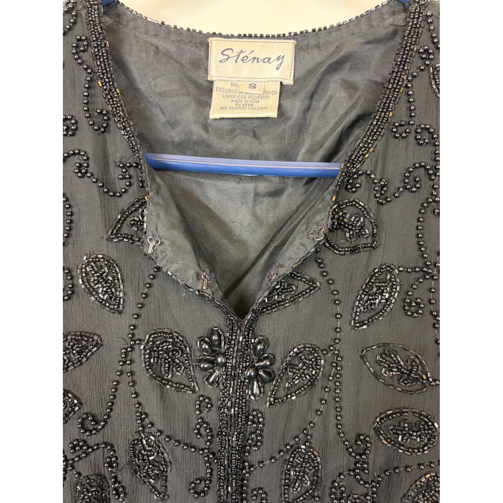 Stenay Beaded Silk Top Small Black Vintage Evening Floral Sequin 80s 90s Glam - Picture 9 of 9